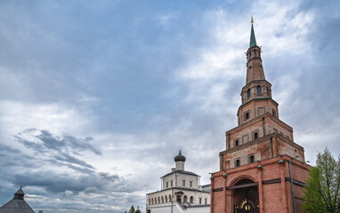 The ancient leaning red brick Syuyumbike Tower on the territory of the Kazan Kremlin. Russia