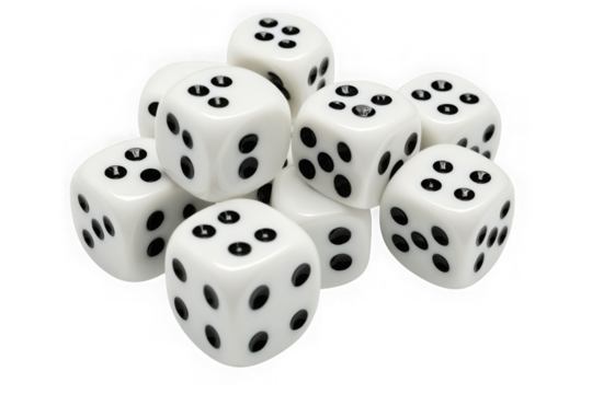Pile of white dice with black pips, game pieces, gambling, casino, random number generation - isolated on transparent background