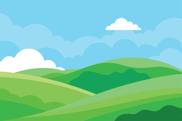 Fototapeta premium Scenic Landscape View of Rolling Green Hills Under Blue Sky in Nature Illustration