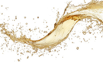 Dynamic golden liquid splash, fluid motion, abstract wave, drink pour, beverage stream, water ripple, isolated on transparent background