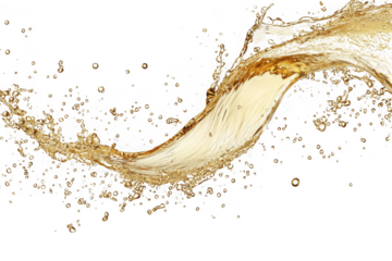 Dynamic golden liquid splash, fluid motion, abstract wave, drink pour, beverage stream, water ripple, isolated on transparent background