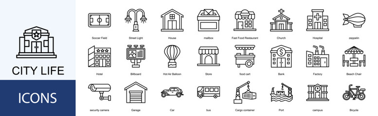 City Life icon collection set. Containing Soccer Field, Street Light, House, Fast Food Restaurant, Church, Hospital, icon.