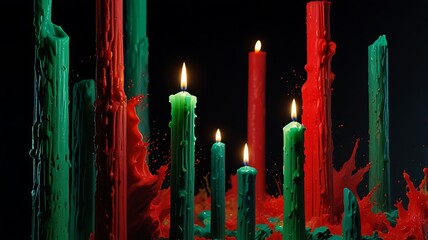 Green red candles dripping wax flames image