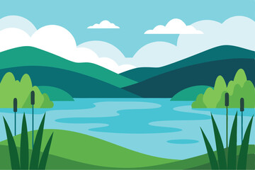 Obraz premium Scenic illustration of a lake surrounded by mountains, clouds, and vegetation.