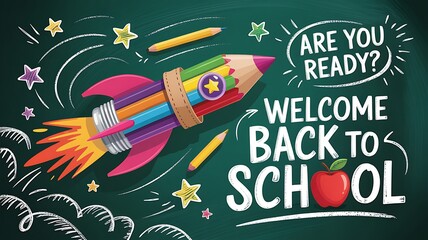 Creative back to school concept with rocket made of pencils and chalk doodles on green chalkboard background