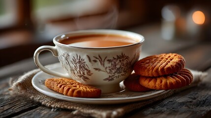 Steaming beverage with patterned cup and baked biscuits saucer