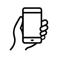 A sleek linear vector drawing of a hand holding a smartphone.
