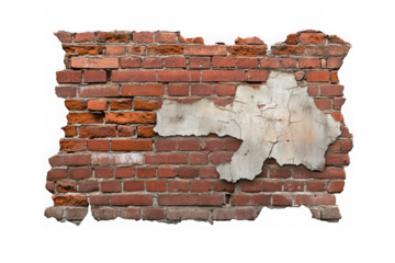 Distressed brick wall texture with plaster overlay, grunge brickwork design element, isolated on transparent background