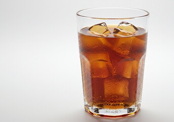 Refreshing iced tea in a clear glass with condensation against a white background.