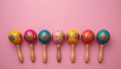 : Festive Rhythm: Colorful Maracas Arranged on Pink Background