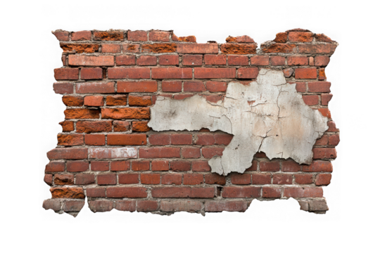 Distressed brick wall texture with plaster overlay, grunge brickwork design element, isolated on transparent background