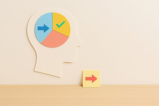 Head profile with pie chart in brain area and arrow direction concept symbolizing data driven thinking decision making and analytics