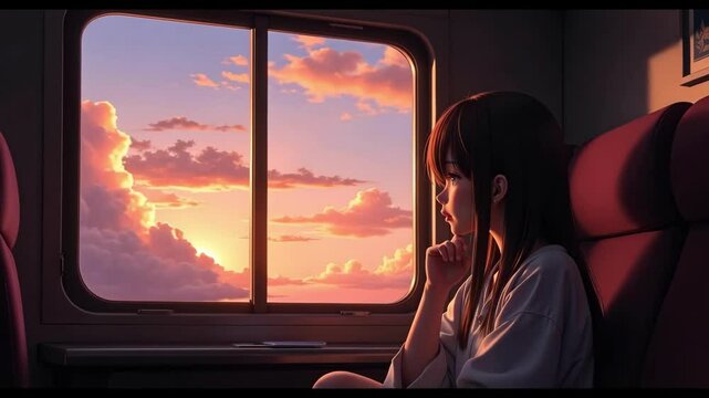 An anime girl gazes wistfully from a train window at a sunset sky in this dreamy lo-fi animation clip featuring a contemplative commuter.