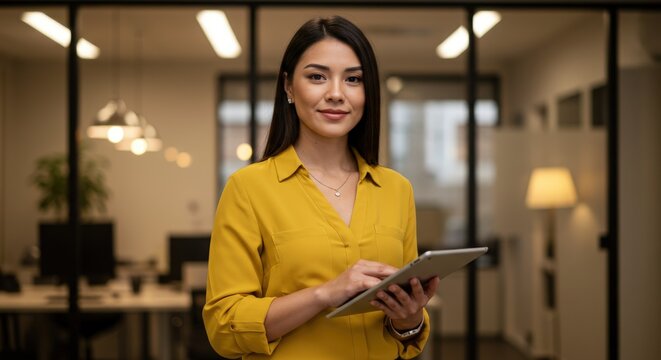 Portrait of a woman in yellow shirt holding a tablet in an office space