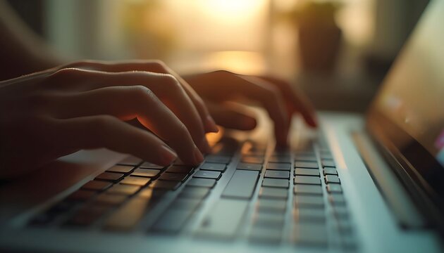 Typing on laptop keyboard close up for business professional or student work from home or office concept