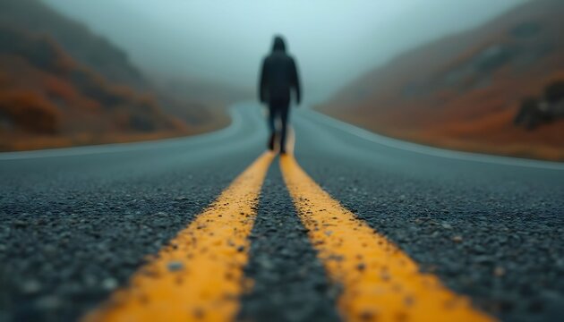 Foggy road trip: man walking on highway asphalt with yellow lines in a mysterious landscape scene