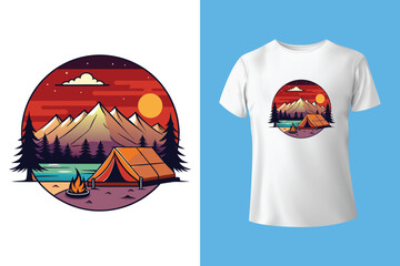 Forest explore design. Mountain camping. Adventure at the mountain graphic artwork for t shirt and others. River and waterfall with hill artwork. Mountain with tree vintage print design