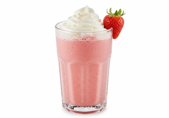 Refreshing strawberry smoothie topped with whipped cream and a fresh strawberry garnish