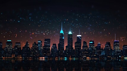 Illuminated skyscrapers at night reflecting on water