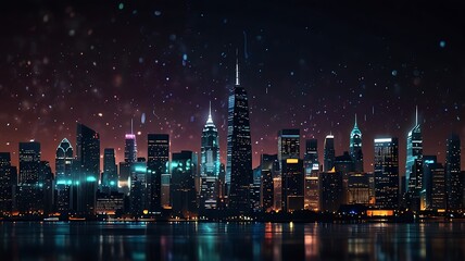 Illuminated skyscrapers at night reflecting on water