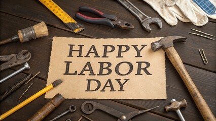 Happy labor day rustic wood background with vintage tools and paper