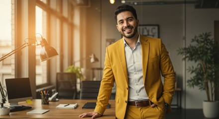 Man in yellow suit smiles at office desk with computer and bright window