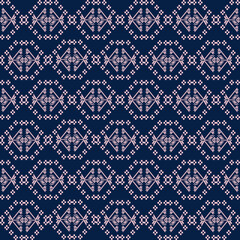 Thai Navy Blue Textile Pattern with Pink Geometric Motifs | Ethnic Fabric Design