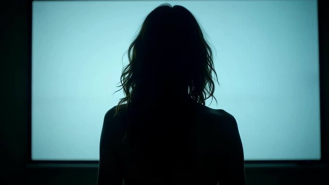 A lone female silhouette stands before a bright screen in this four k footage, her back to the viewer, creating an atmosphere of mystery and intrigue.