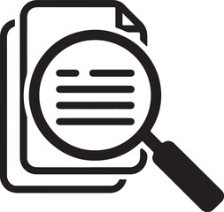 Black and white icon depicting document analysis with a magnifying glass search research