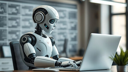 Humanoid robot working on laptop in modern office, showcasing advanced technology and artificial intelligence