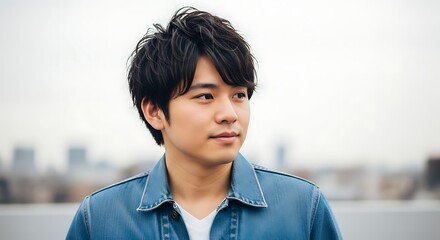 Portrait of a Young Asian Man in a Denim Jacket, Eye-Level Shot