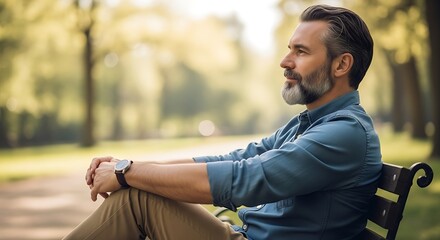 Man Sitting on a Park Bench, Contemplative and Peaceful