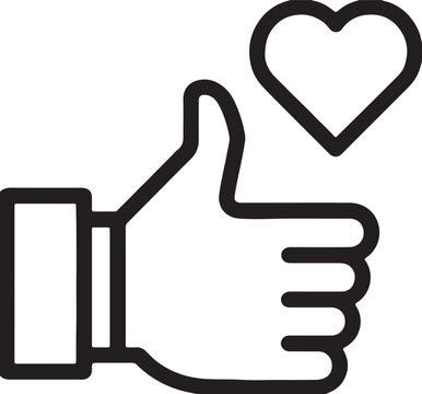 recommend clip art: A black and white line art illustration of a hand giving a thumbs up with a heart above like approval
