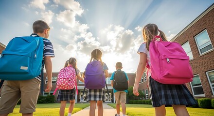 Happy Students Walking to School Together on a Sunny Day