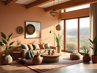 Sunlit boho living room with terracotta walls, rattan decor, cozy sofa, indoor plants, and large windows offering a scenic view. Warm, earthy tones create a calm and inviting space.