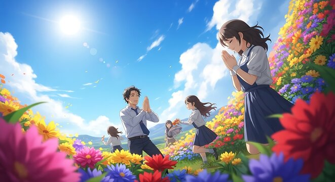 Vibrant Flower Field Anime-Style Illustration of Friends Praying Under a Sunny Sky