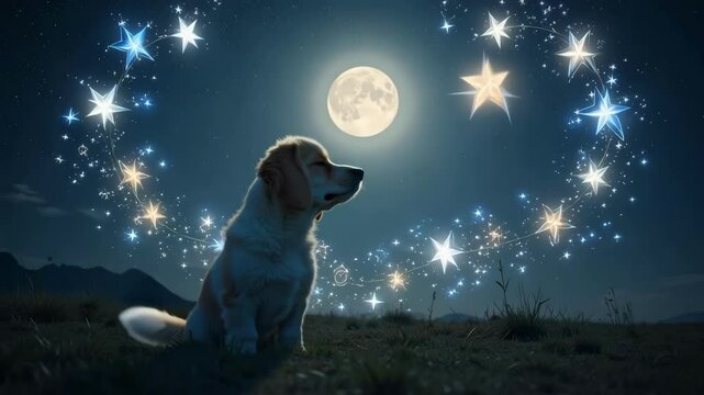 A cute dog longingly gazes at a glowing full moon set against a mesmerizing starry night sky in this serene lofi aesthetic looping footage.