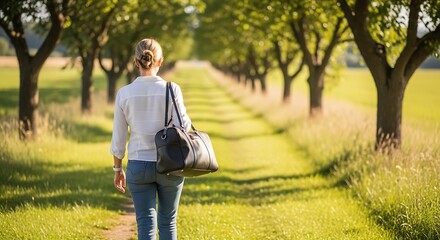 Woman Walking Away on a Path Between Trees