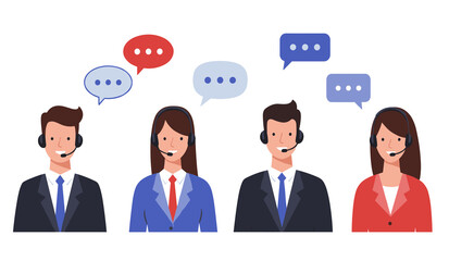 Modern flat vector of four diverse customer service/call center agents with headsets & speech bubbles. Clean, professional for support & communication