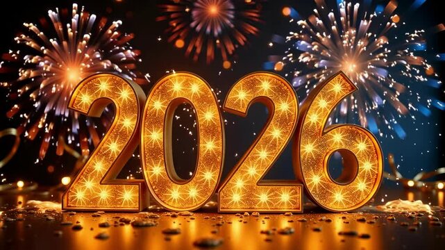 A festive Happy New Year two thousand twenty six celebration with sparkling text, sweeping light effects and subtle fireworks in a looping four K background.