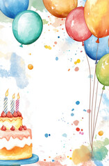 Watercolor card with balloons and cake