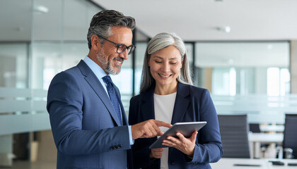 Leader and employee working together on project on tablet pad device in office. 