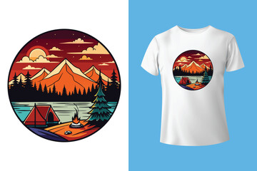 Forest explore design. Mountain camping. Adventure at the mountain graphic artwork for t shirt and others. River and waterfall with hill artwork. Mountain with tree vintage print design