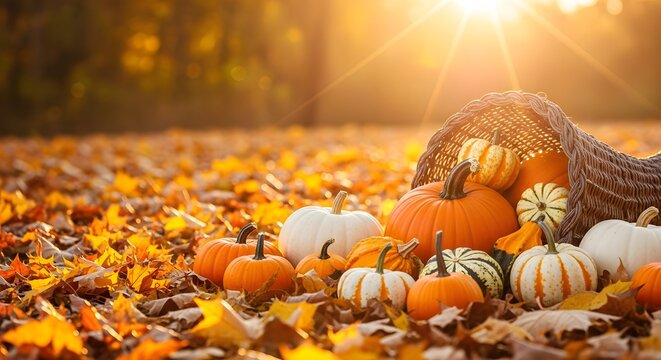 Autumn harvest cornucopia with pumpkins and fall leaves in warm sunset light