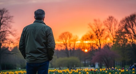Man Watching Sunset Over a Field of Tulips