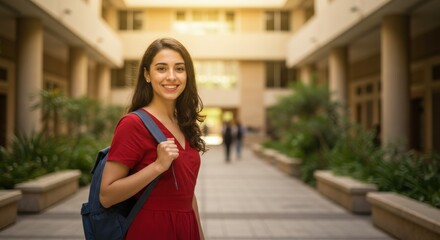 Fototapeta premium Smiling student with backpack on campus in red dress portrait view