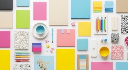 Colorful Stationery and Office Supplies Flat Lay Photography