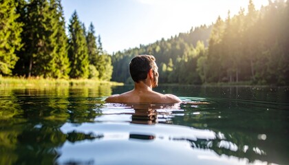 Fototapeta premium person swimming in a natural lake surrounded by forest, emphasizing inner peace