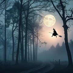 Spooky Halloween scene with witch silhouette flying on broomstick across full moon through misty forest with bare twisted trees and flying bats