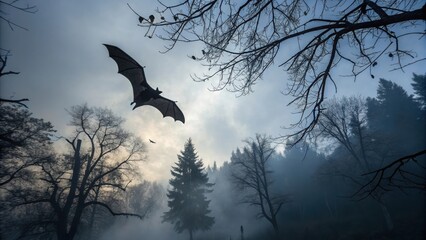 Dramatic bat flying through stormy sky with glowing red eyes among bare twisted tree branches under dark moody clouds in spooky Halloween atmosphere